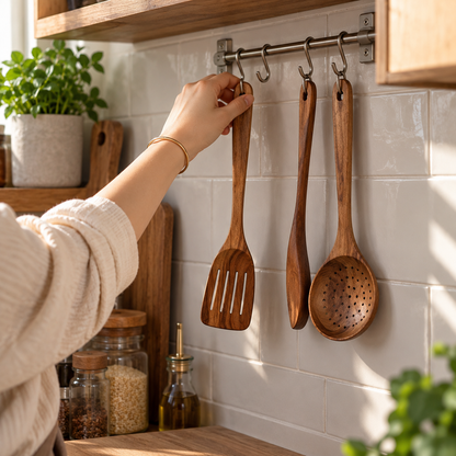 Ensemble d'ustensile en bois de Teck™ -  7 pièces