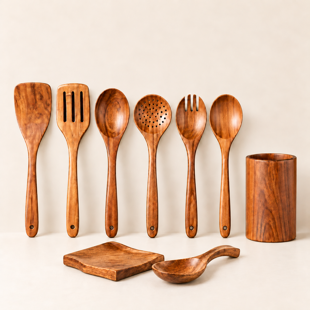 Ensemble d'ustensile en bois de Teck™ -  7 pièces