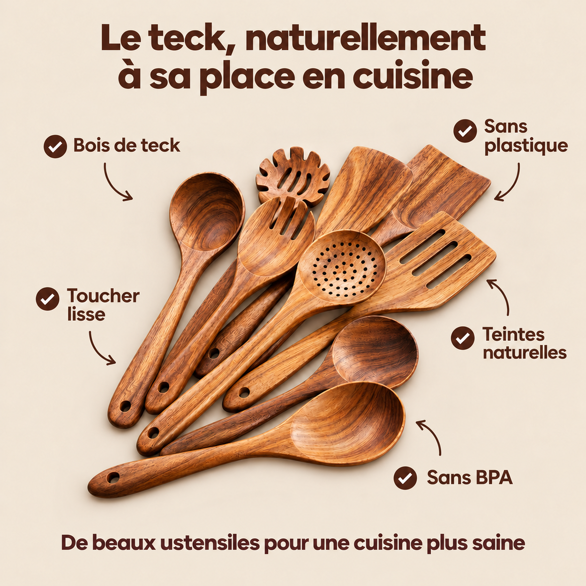 Ensemble d'ustensile en bois de Teck™ -  7 pièces